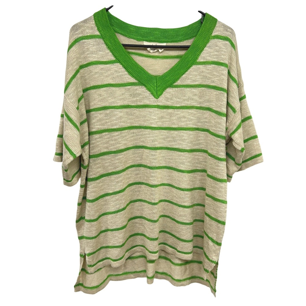Oversized Striped Tunic Sweater S M Green Beige Coastal Resort Euro Summer